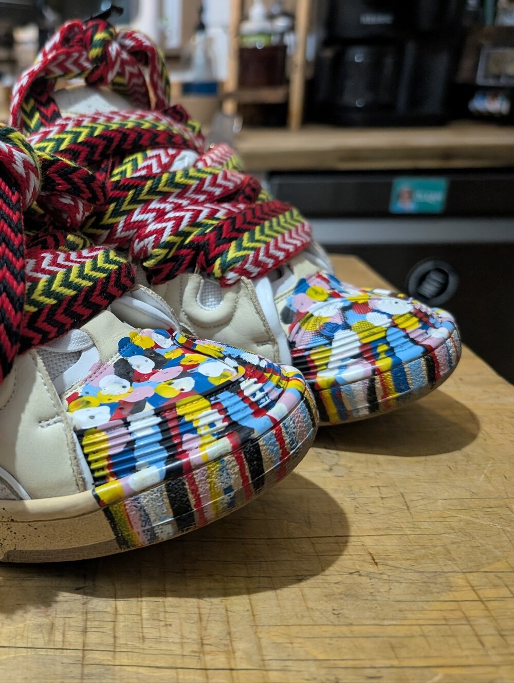 Kids Multicolor Paint-Splash Sneakers with Red Patterned Laces